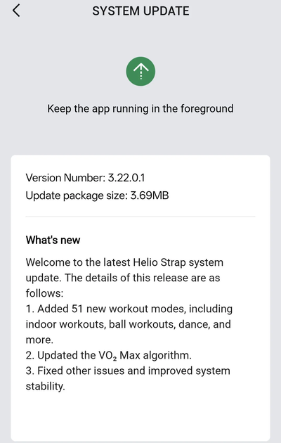 The release notes for Amazfit Helio Strap is receiving the v3.22.0.1 update