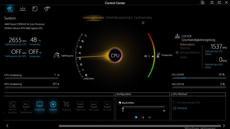 Performance profiles in the Control Center of the Apex 17