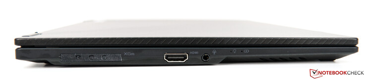Left: ROG XG Mobile Interface including 1x USB 3.2 Gen 2 Type-C, 1x HDMI 2.0b, 1x 3.5 mm combo audio jack