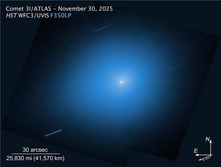 Image taken by the Hubble Space Telescope on November 30, 2025, showing comet 3I/ATLAS. (Image source: NASA, ESA, STScI, D. Jewitt (UCLA), M.-T. Hui (Shanghai Astronomical Observatory). Image Processing: J. DePasquale (STScI))