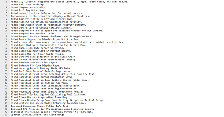 The change log for beta version 13.12 for the Garmin Fenix 8 and related smartwatches . (Image source: Garmin)