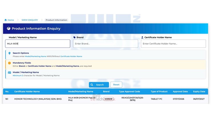 The Honor Pad 20 clears Malaysia's SIRIM certification.