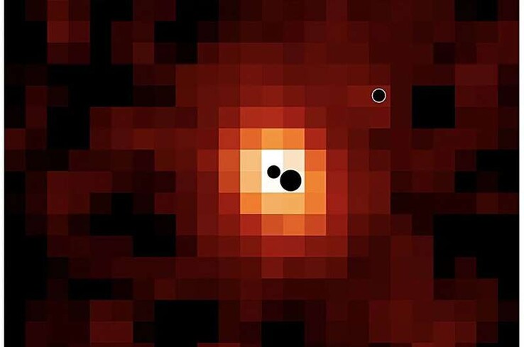 A map showing the galaxy J0148-4214 and its three black holes.