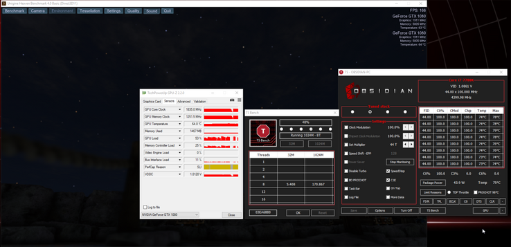 GPU-Z, Throttlestop, and Unigine Heaven being run to test a mixed load on a heatsink. (Source: Christian Reverand)