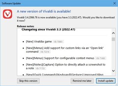 Vivaldi 3.4 browser update notification window, Chromium 86 and Vivaldia game in tow (Source: Own)