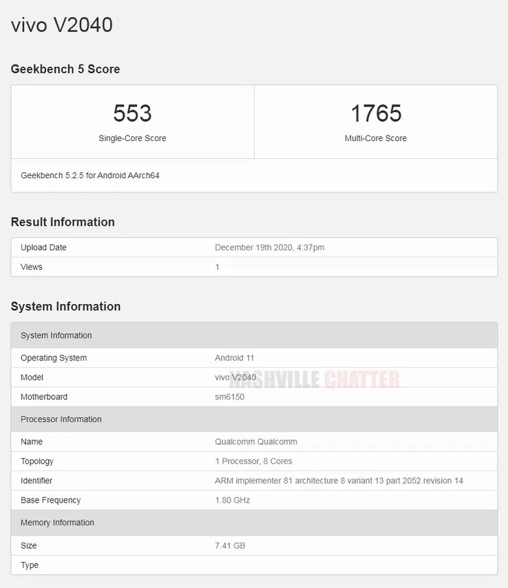 The "vivo v2040" on Geekbench 5. (Source: Geekbench via Nashville Chatter)