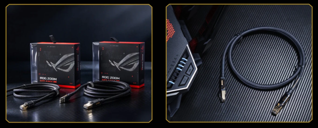 Asus ROG Zoom. A high-density braided sleeve protects it against abrasion and pulling, while the RJ-45 connectors use gold-plated copper shielding.