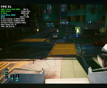 Cyberpunk 2077 running on Intel Core Ultra 7 356H mini PC at 51 FPS