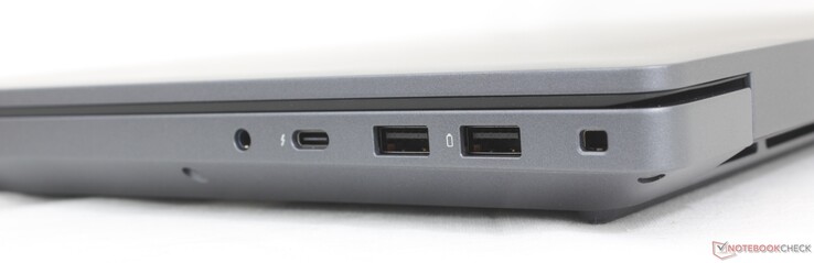 Right: 3.5 mm headset, USB-C Thunderbolt 4 (40 Gbps) w/ DisplayPort 2.1 + Power Delivery, USB-A 3.2 Gen. 1, Lock slot