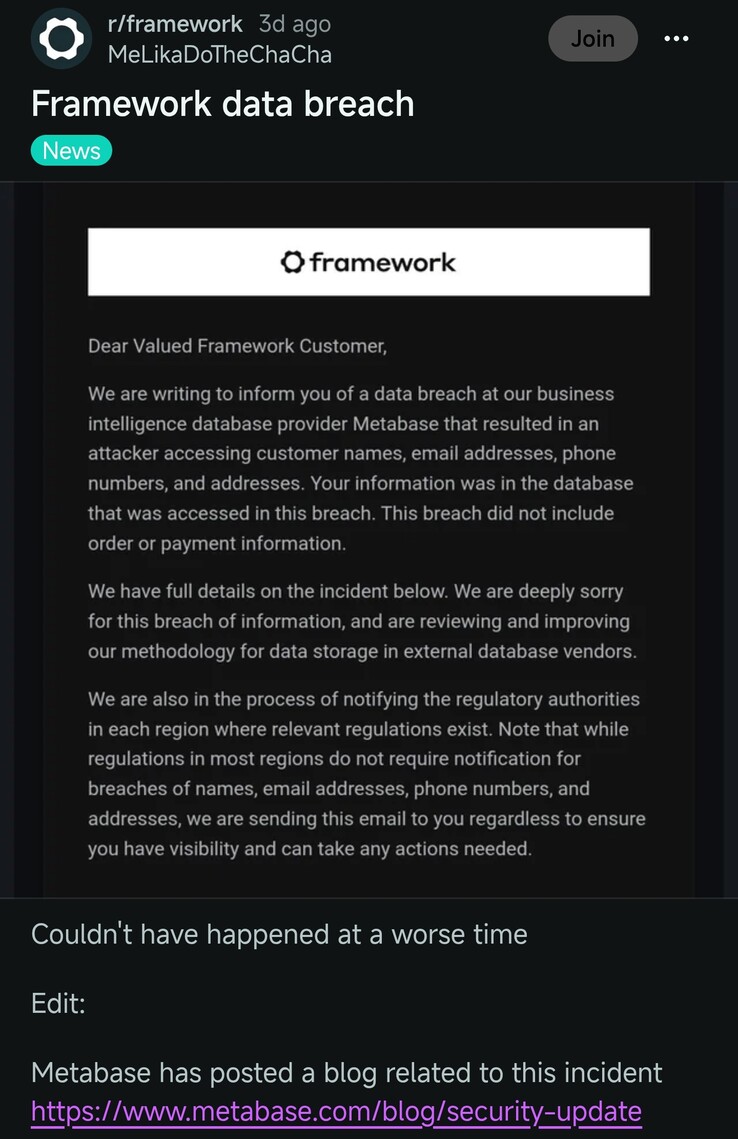 The Reddit post with details of the breach as described by Framework