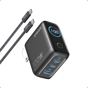The Anker Charger (100W, 3 Ports, Smart Display) comes with two USB-C ports, one USB-A port, foldable prongs, and a bundled USB-C cable. (Image source: Anker)