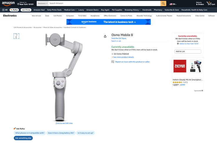 An Osmo Mobile 8 product listing with an Osmo Mobile 4 product image used as a placeholder. (Image source: Amazon)