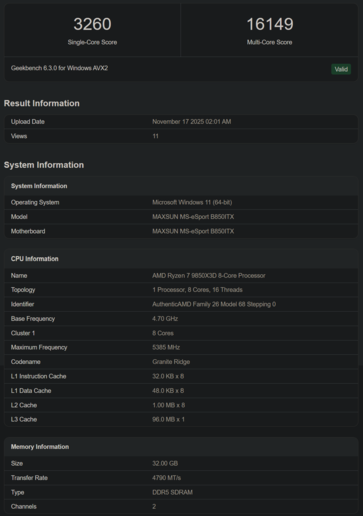 Ryzen 7 9850X3D Geekbench listing (image source: Geekbench)