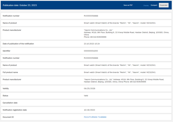 The EEC certification for a Redmi smartwatch with model number M2315W1. (Image source: NRRA)