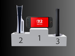 Switch 2 on top of console launch sales podium (Image source: Nintendo of America, Sony PlayStation, Freepik with edits)