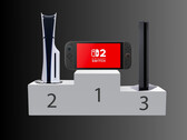 Switch 2 on top of console launch sales podium (Image source: Nintendo of America, Sony PlayStation, Freepik with edits)