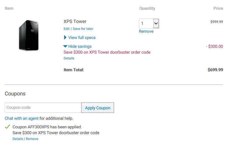 The coupon was still valid at the time of writing. (Image source: Dell)