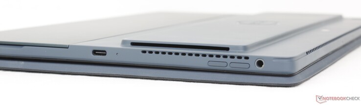 Left: Wedge Lock slot, USB-C Thunderbolt 4 w/ DisplayPort + Power Delivery, Volume buttons, 3.5 mm headset