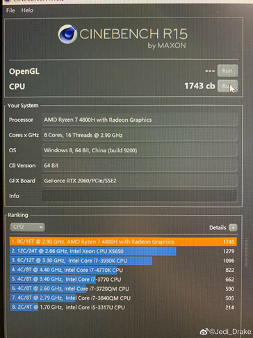 Cinebench R15 result. (Image source: @Jedi_Drake/@9550Pro)