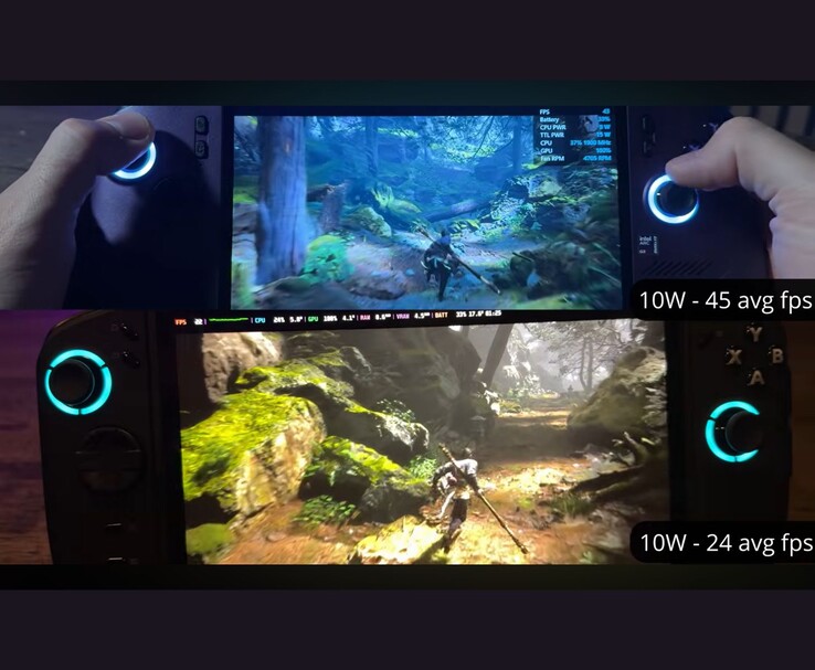 MSI Claw 8 AI+ and Lenovo Legion Go 2 running Black Myth: Wukong at 10 W, showing 45 FPS and 24 FPS respectively.