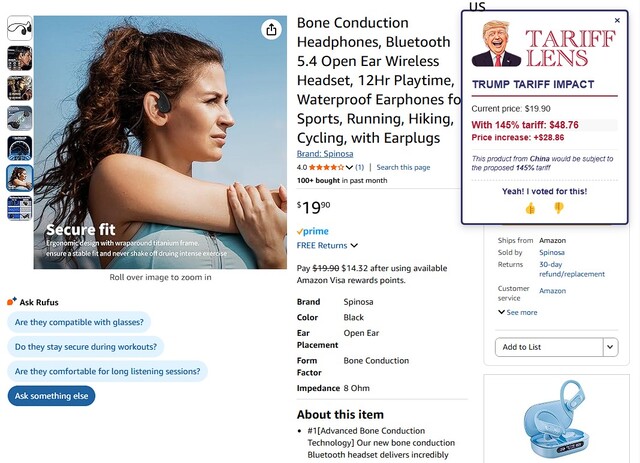 Tariff Lens in action on Amazon