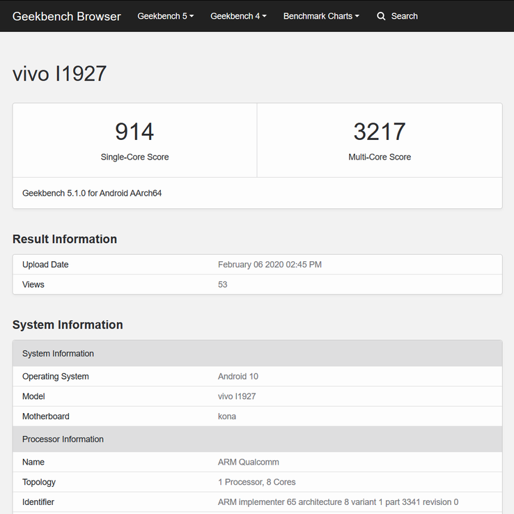 The "vivo I1927" on Geekbench 5. (Source: Geekbench)