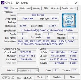 Intel Core i5-11400H. (Image source: CPU-Z Validator)