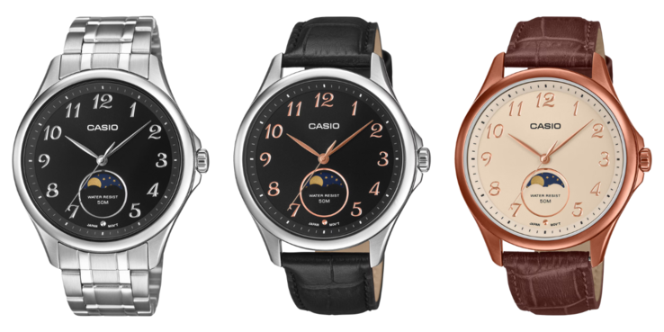 From left to right: the Casio MTP-M110D-1AV, MTP-M110L-1AV and MTP-M110RL-5AV watches. (Image source: Casio)