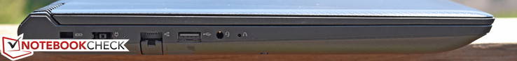 Left: Kensington Lock port, Charging port, Gigabit Ethernet, USB 2.0, 3.5 mm combo audio (headset), Lenovo OneKey Recovery