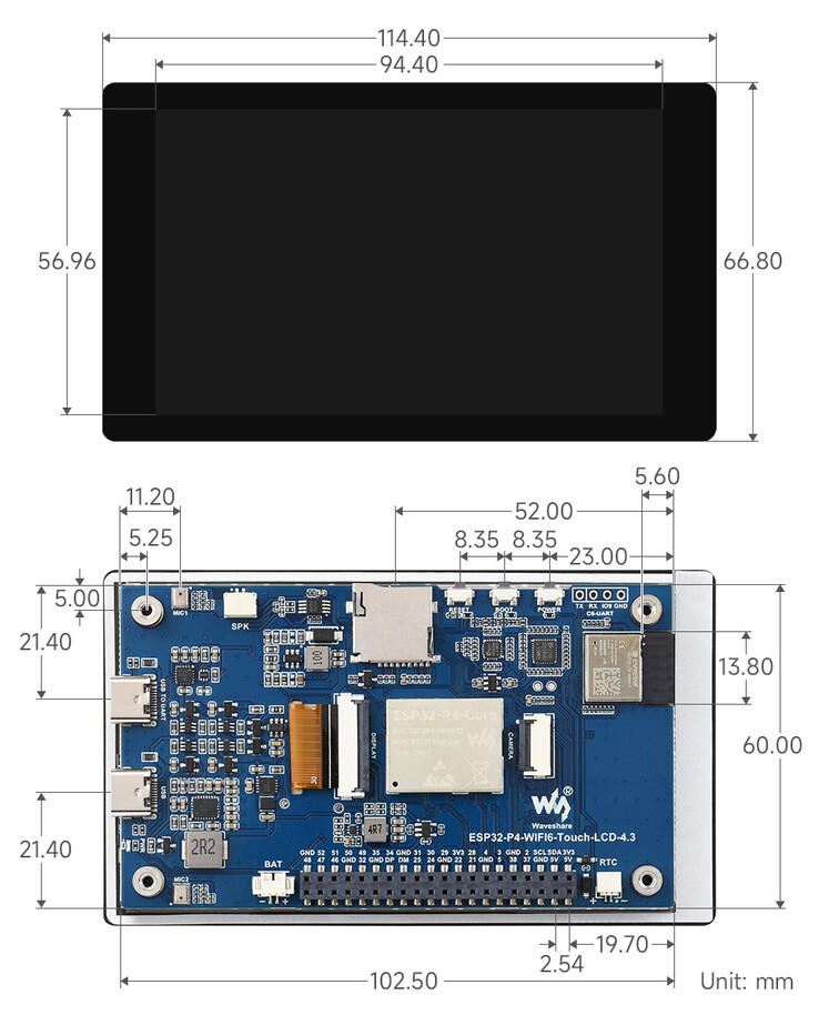 Mechanical drawing of the 4.3-inch ESP32-P4 touch display with detailed board and enclosure dimensions (in mm)