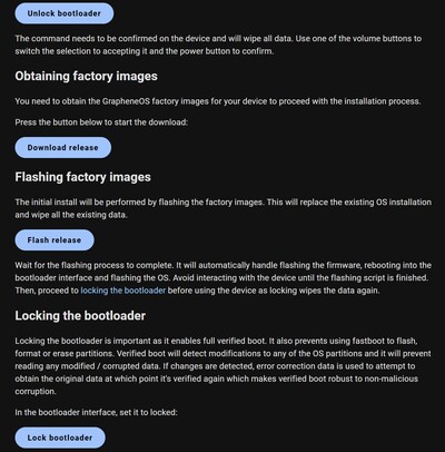 Similar to the Pixel online recovery tool, 4 clicks through an online installer is all that's required to get Graphene installed (Image Source: GrapheneOS)