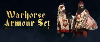 The Warhorse Armour Set includes the Bascinet, Boots, Caparison, Gauntlets, Leg Armor, Pourpoint, Shield, and Waffenrock. (Image Source : Warhorse Studios)