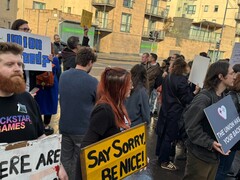 Former Rockstar North employees protesting outside the Edinburgh office. (Image source: GTABase.com on X)