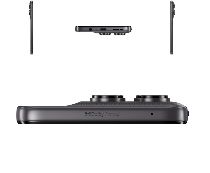 Motorola moto g37 side profile showing its camera bump, ports, and Dolby Atmos speaker branding.
