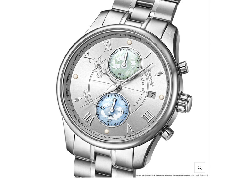 Close-up of Tales of Eternia watch showing genuine diamonds and mother-of-pearl subdials.