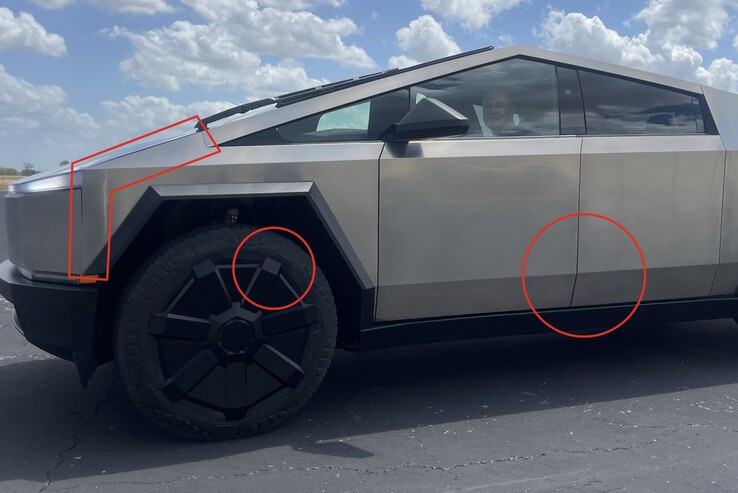 A closer look at the final production candidate reveals uneven panel gaps in some seams as well as misaligned wheel covers, although the last one seems easy enough to solve unless the wheel covers go out of alignment with the tyres on their own. (Image source: Elon Musk on X - edited)