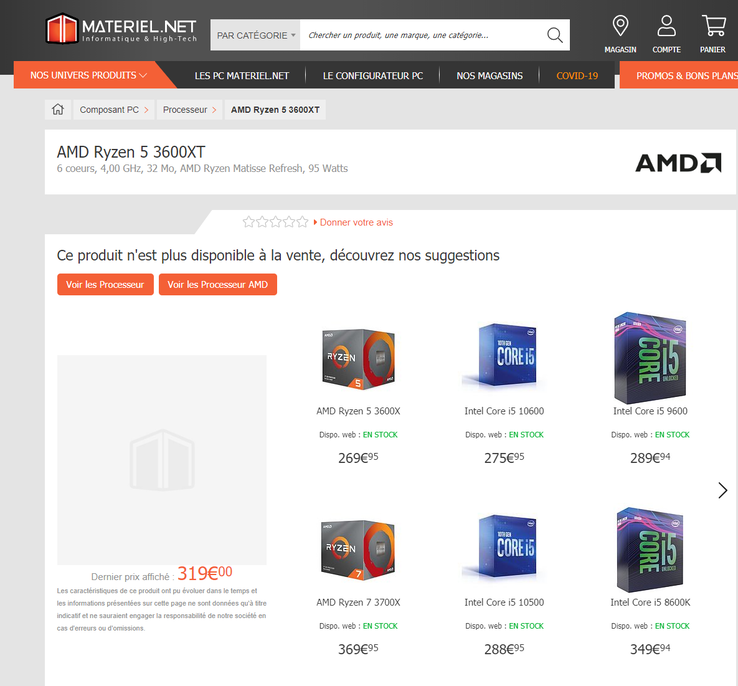 The Ryzen 5 3600XT is still listed on the retailer's website (Image source: Materiel)