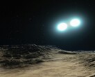 An artist's illustration showing two neutron stars and a planet.