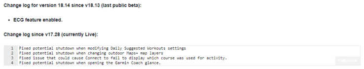 The change log for Garmin Beta Version 18.14. (Image source: Garmin)