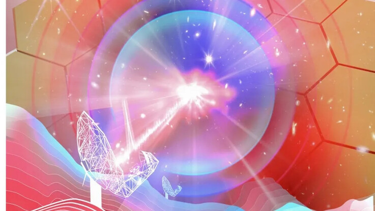 An artist's illustration showing the MeerKAT radio telescope detecting an FRB.