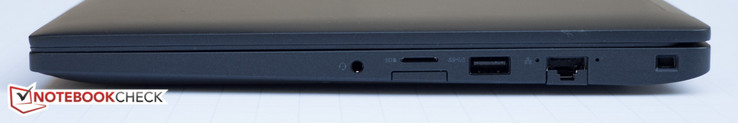 Right side: 3.5 mm audio combo-jack, MicroSDXC, SIM card tray, USB3.0, RJ45, Nobel Wedge lock slot