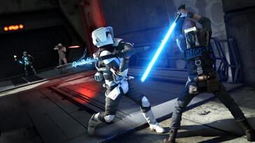 An image showing a fight between Cal Kestis and a soldier in Star Wars Jedi: Fallen Order. (Image source: Steam)