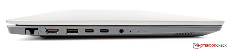Left-hand side: Ethernet (RJ45), HDMI 1.4b, USB 3.1 Gen 1, USB-C 3.1 Gen 1, USB-C 3.1 Gen 2 (DisplayPort, PowerDelivery), 3.5 mm jack