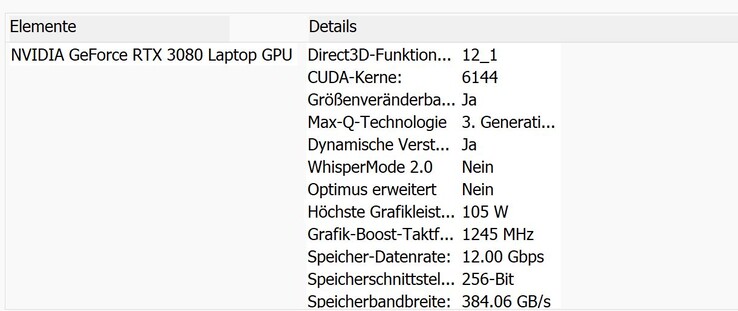 The GPU specifications (Nvidia system control)