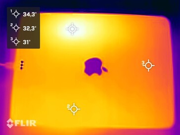 Infrared heatmap with single hot spot right above the M1 chip (rear)