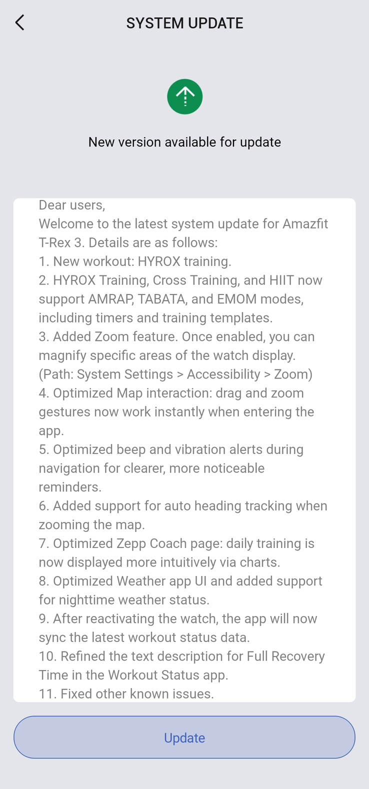The release notes for version 3.9.4.4 for the T-Rex 3 smartwatch. (Image source: Amandeepxreal via Reddit)