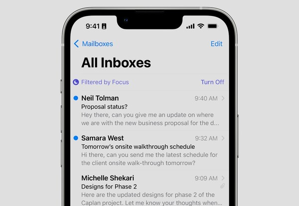 Focus settings are leveraged in the Mail app to drown out distractions and prioritize people over junk mail. (Image source: Apple)