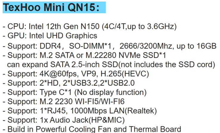 Complete specs of TexHoo QN15 (Image source: TexHoo)