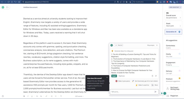 Web-based Grammarly Editor with Generative AI features in action (Source: Own)