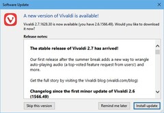 Vivaldi 2.7 update notification (Source: Own)